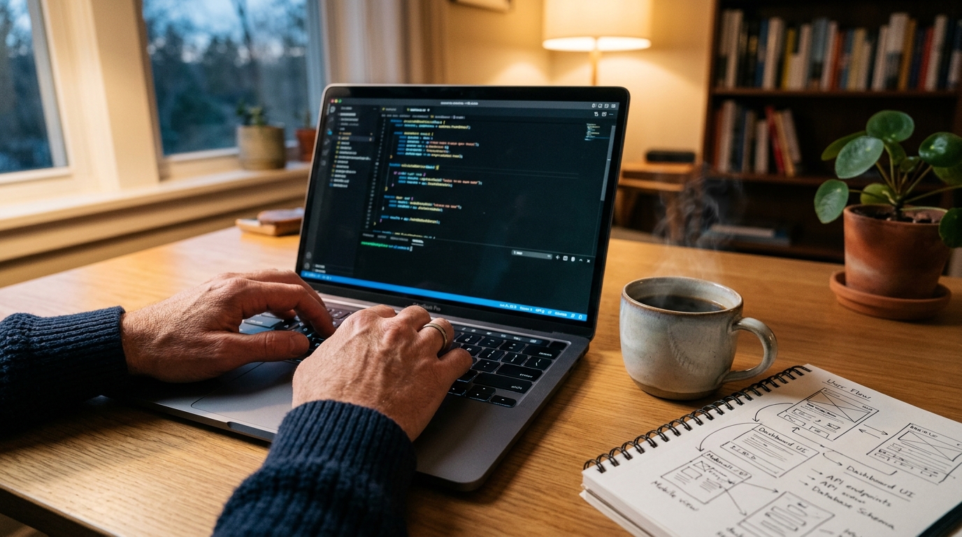 צילום תקריב של ידי מהנדס תוכנה מנוסה מקלידות על מקלדת של מחשב נייד...