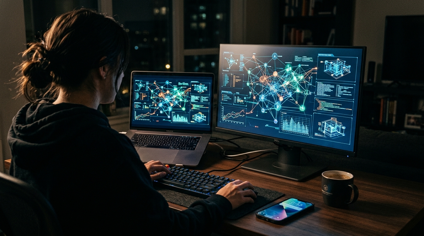 צילום מקרוב מעבר לכתף של אדם היושב ליד שולחן כתיבה מודרני בלילה