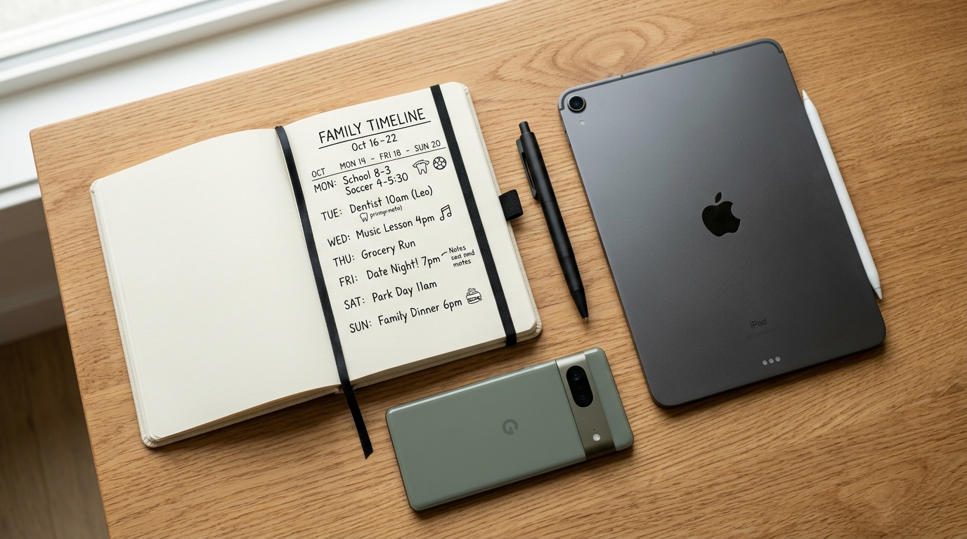 Una imagen cenital de alta calidad que muestra la organización familiar moderna con una tableta, un teléfono inteligente y herramientas de planificación digital.