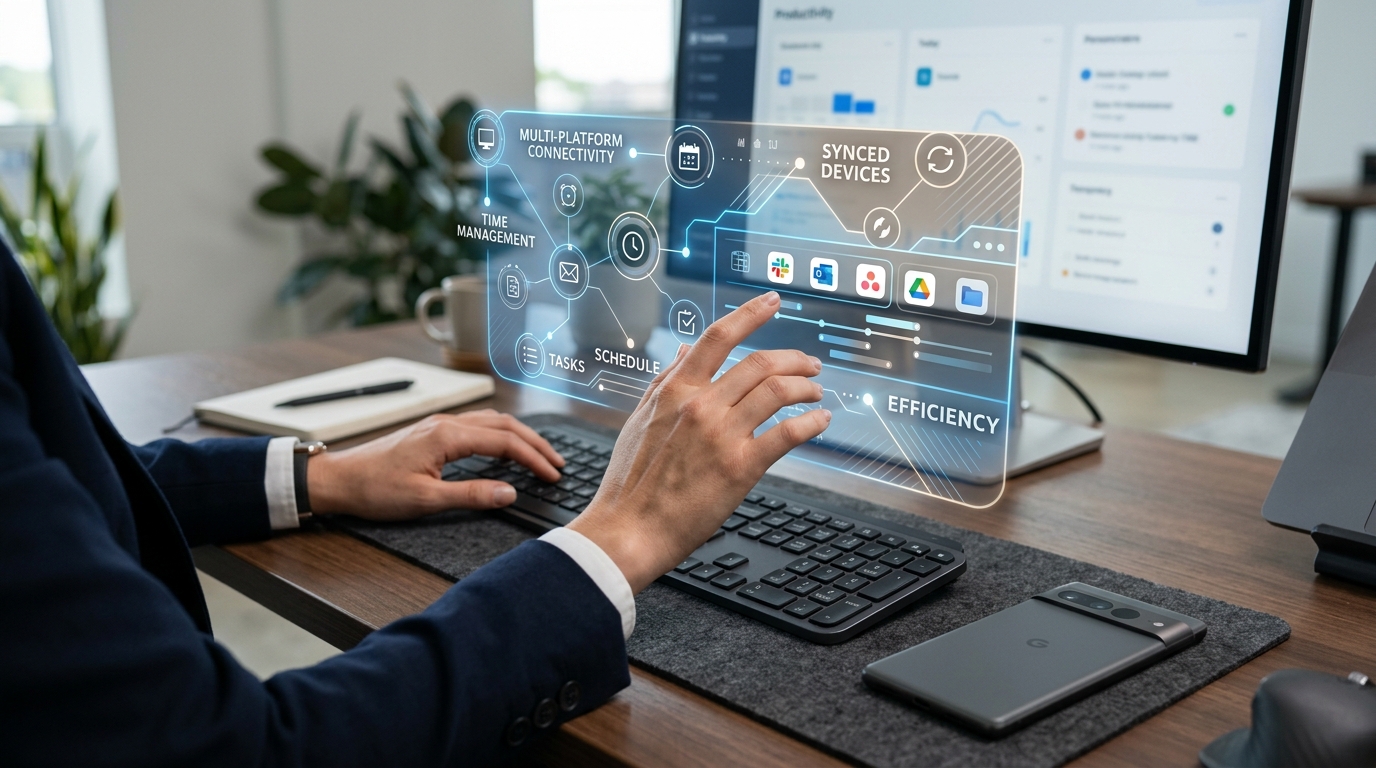 Un entorno profesional que muestra manos descansando cerca del teclado de una computadora de escritorio, ilustrando el flujo de trabajo digital moderno.