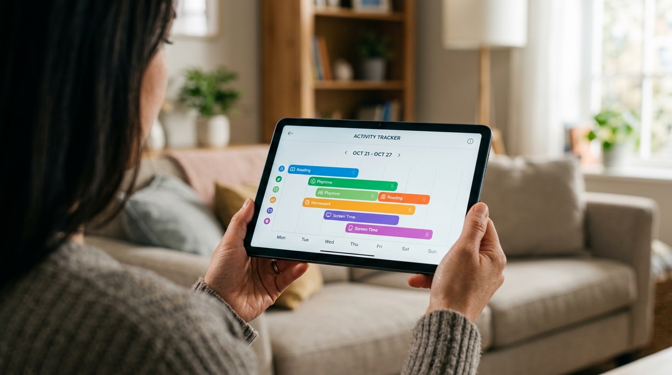 Et nærbillede over skulderen af en forælder, der holder en moderne digital tablet.