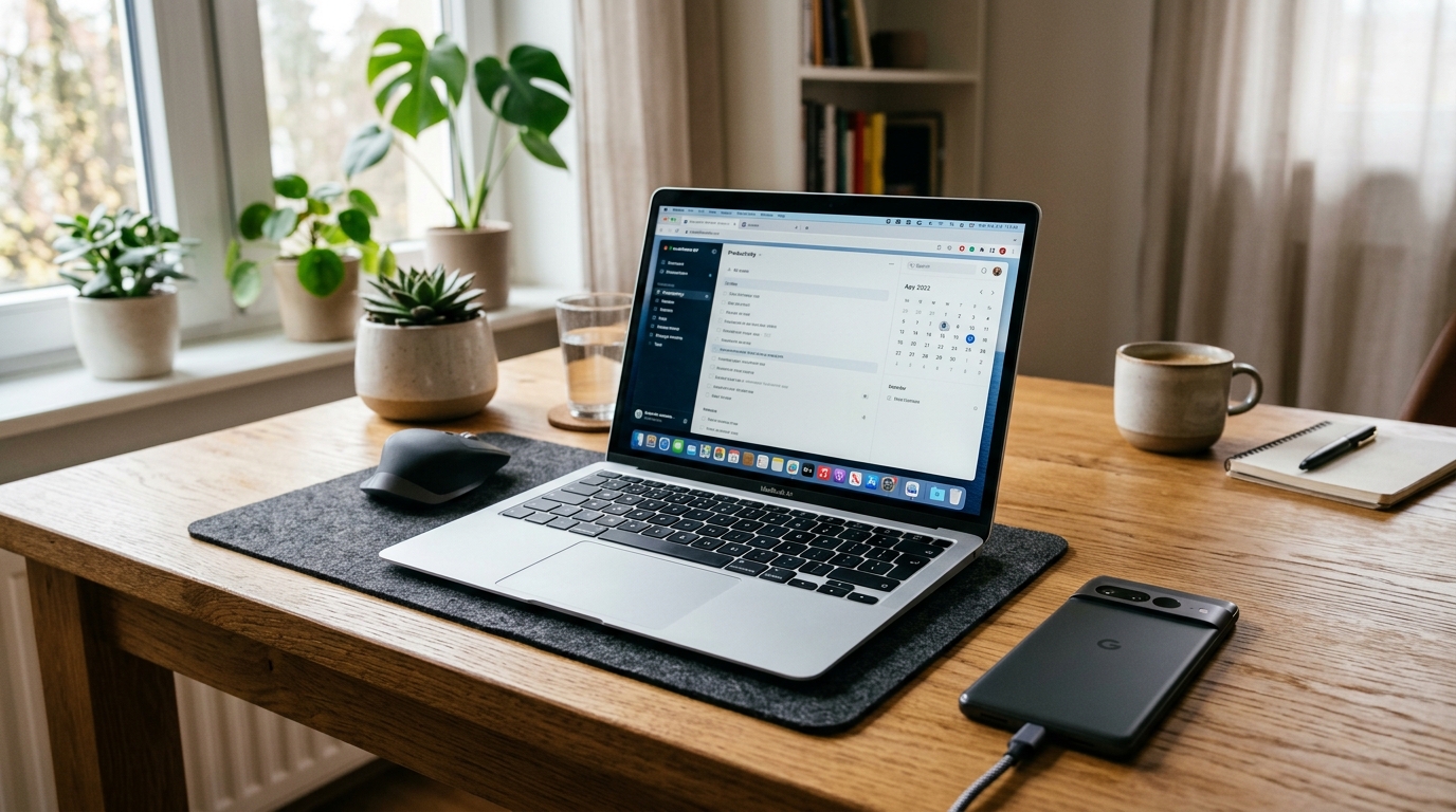 Et stilfuldt skrivebord med en slank sølvfarvet bærbar computer ved siden af en moderne smartphone.