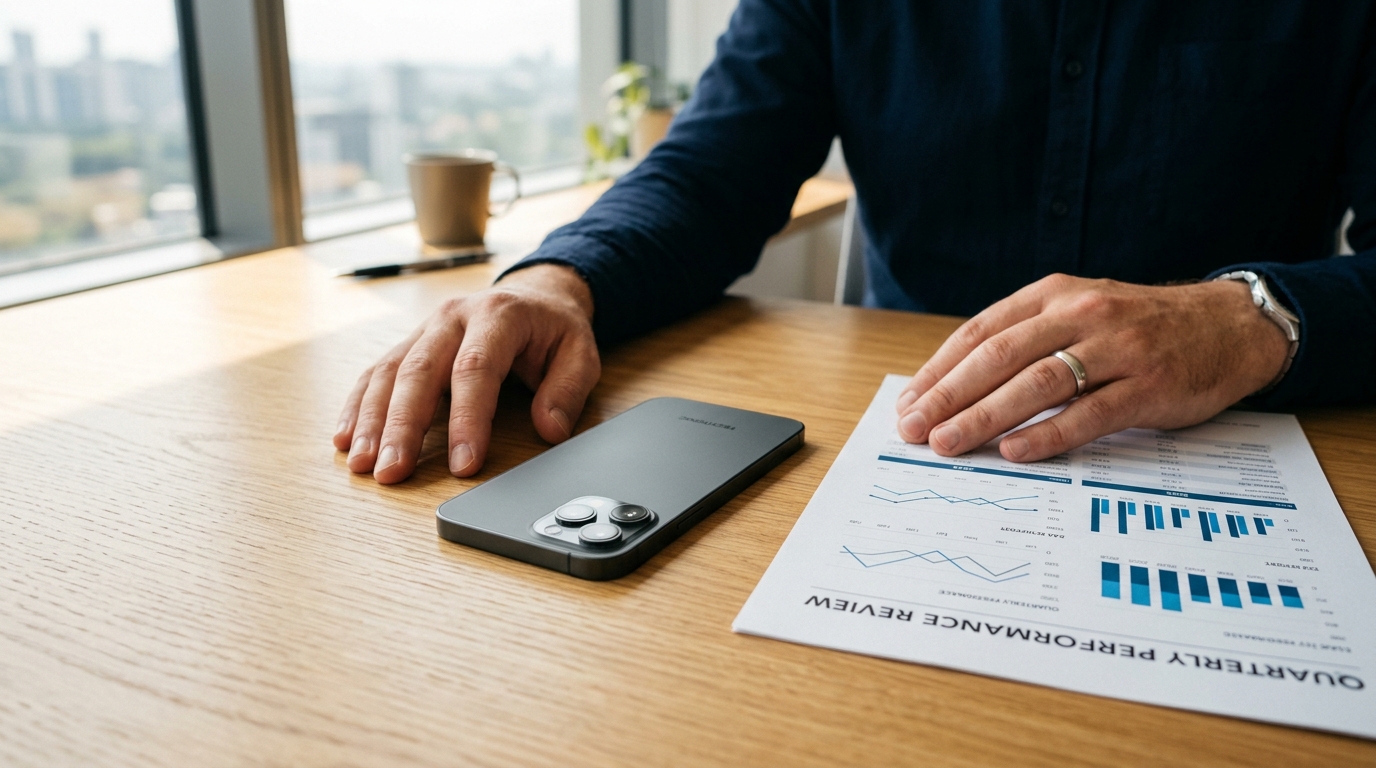 세련된 스마트폰 옆 깨끗한 책상 위에 손을 얹고 있는 엔지니어의 클로즈업 샷...