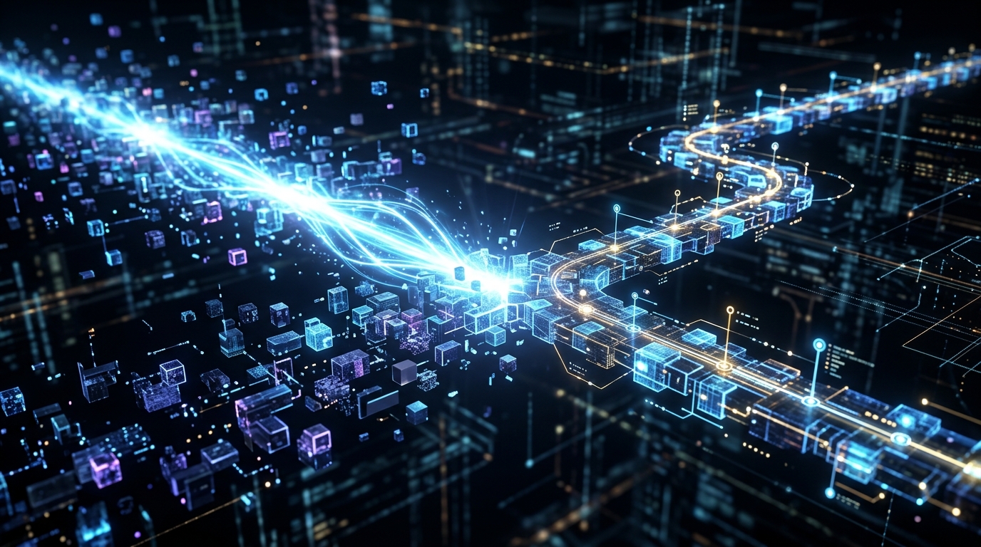 A conceptual digital illustration showing a fragmented path being connected by AI-driven data points.