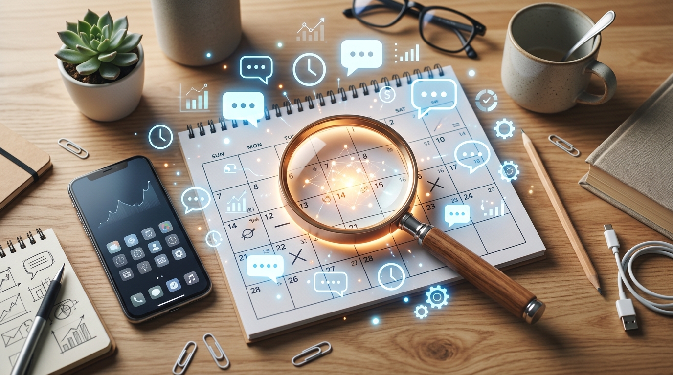 一张杂乱办公桌的概念平铺摄影，放大镜发着光，放在日历上，周围环绕着代表聊天气泡和时间追踪的抽象数字图标。