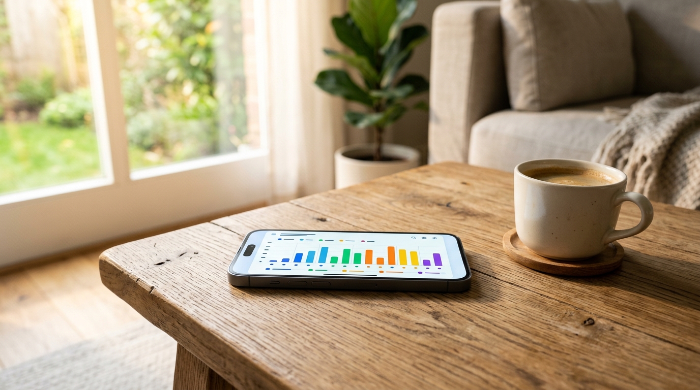 一部时尚、极简的智能手机放在木制咖啡桌上，屏幕显示着彩色且易于阅读的时间轴图表。