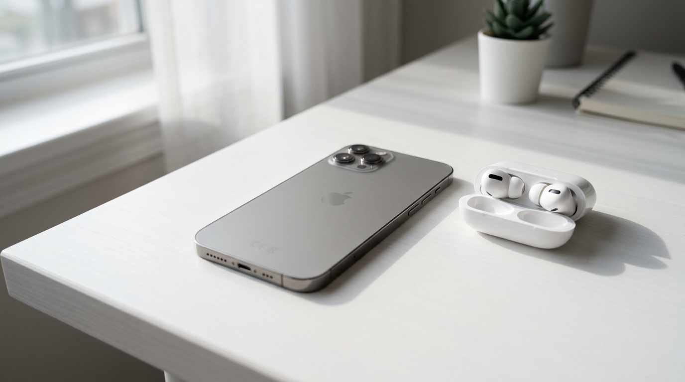 一部现代智能手机正面向下放在洁净的白色办公桌上，旁边有一副无线耳机。