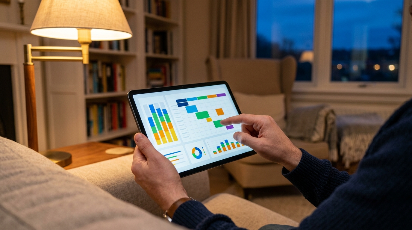 一个人双手握着现代平板电脑的特写，正在查看结构化的数据仪表板。