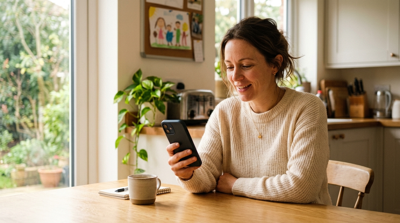En forælder der kigger på en smartphone med et lettet udtryk.