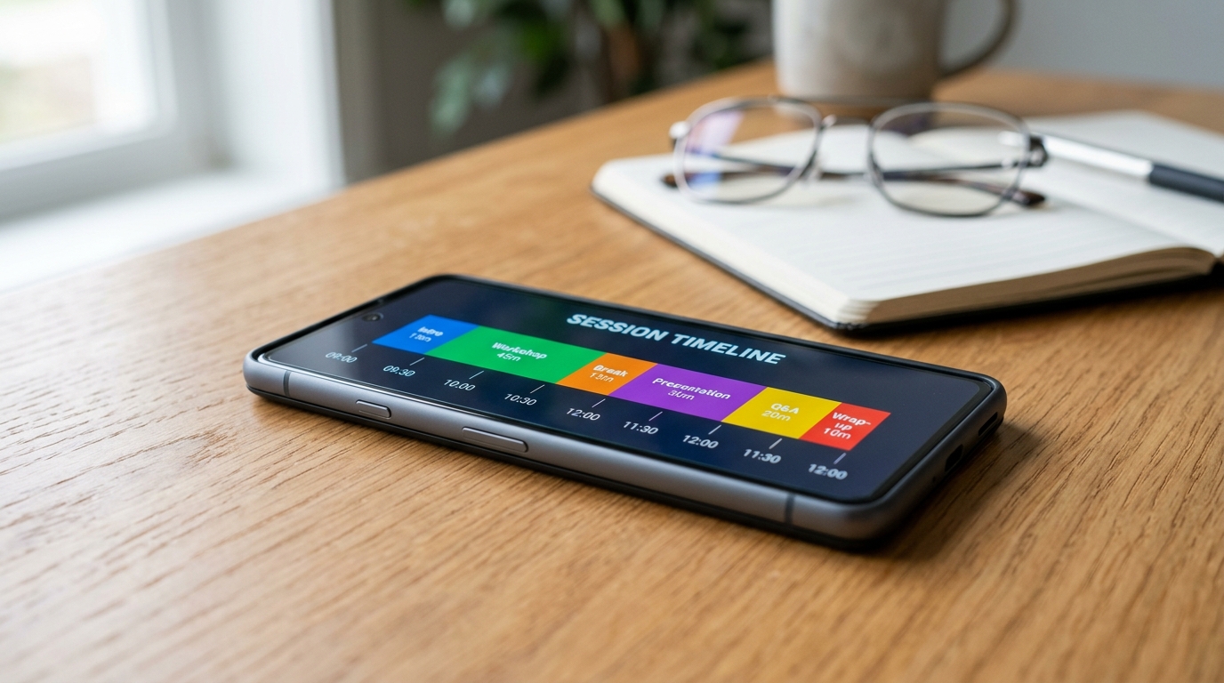 A sleek modern smartphone lying face up on a clean wooden desk, displaying a gen...