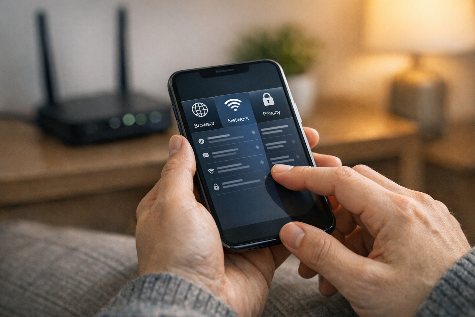 A realistic close-up of a person using a smartphone at home while switching betw...