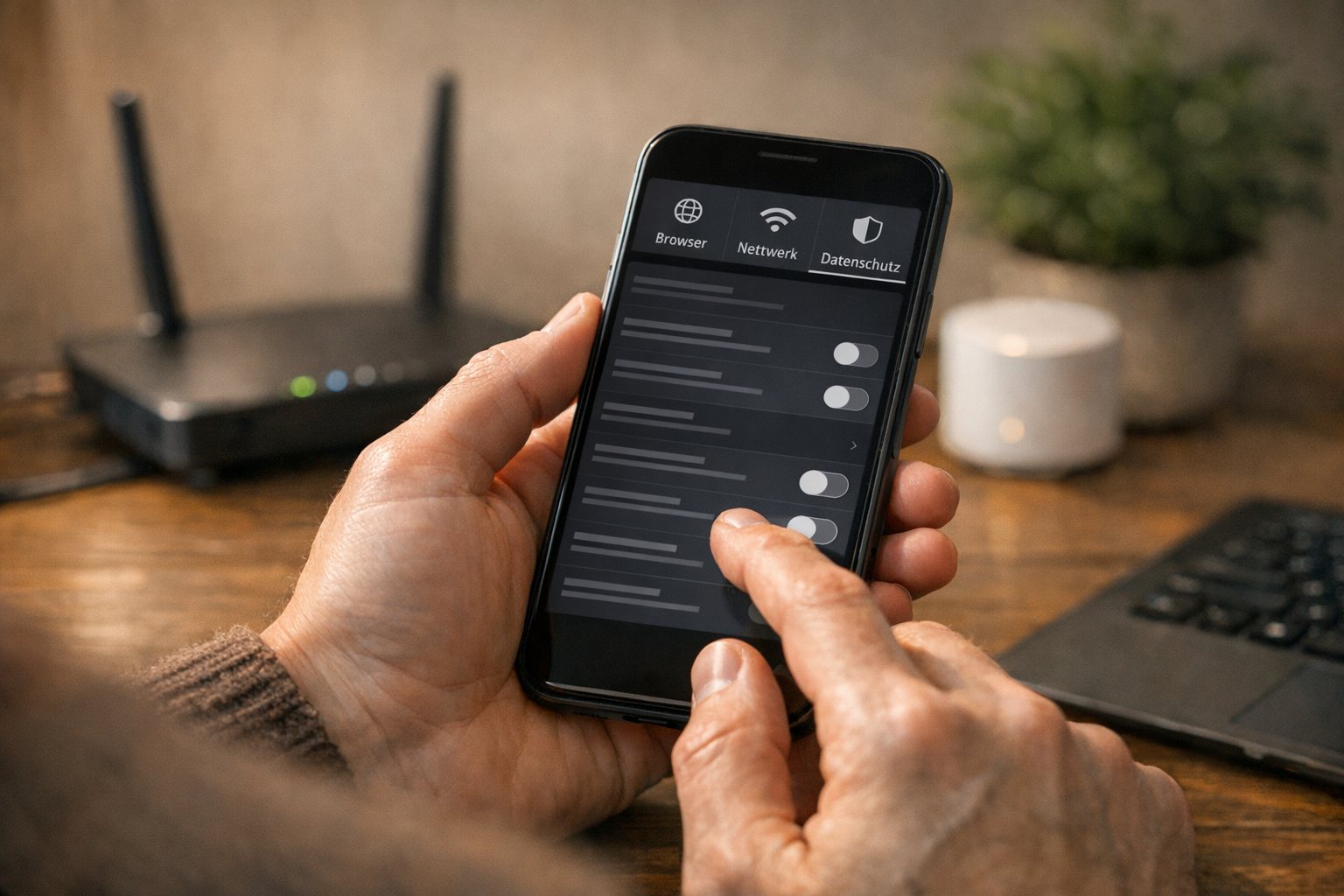 Eine realistische Nahaufnahme einer Person, die zuhause ein Smartphone benutzt u...