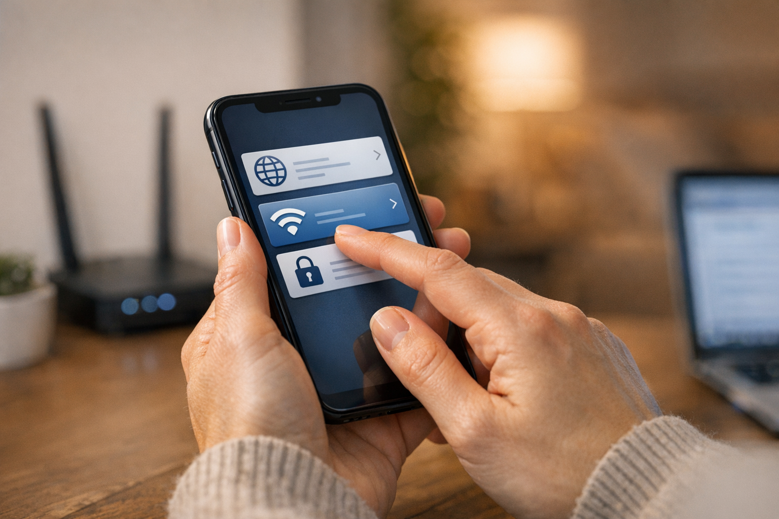 Een realistische close-up van een persoon die thuis een smartphone gebruikt en s...