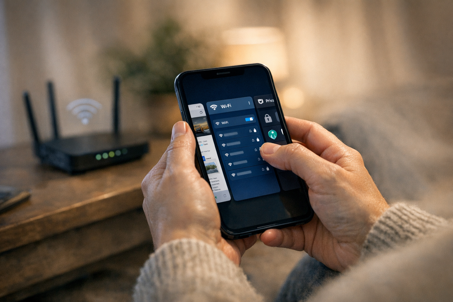 Realistyczne zbliżenie osoby korzystającej ze smartfona w domu podczas przełącza...