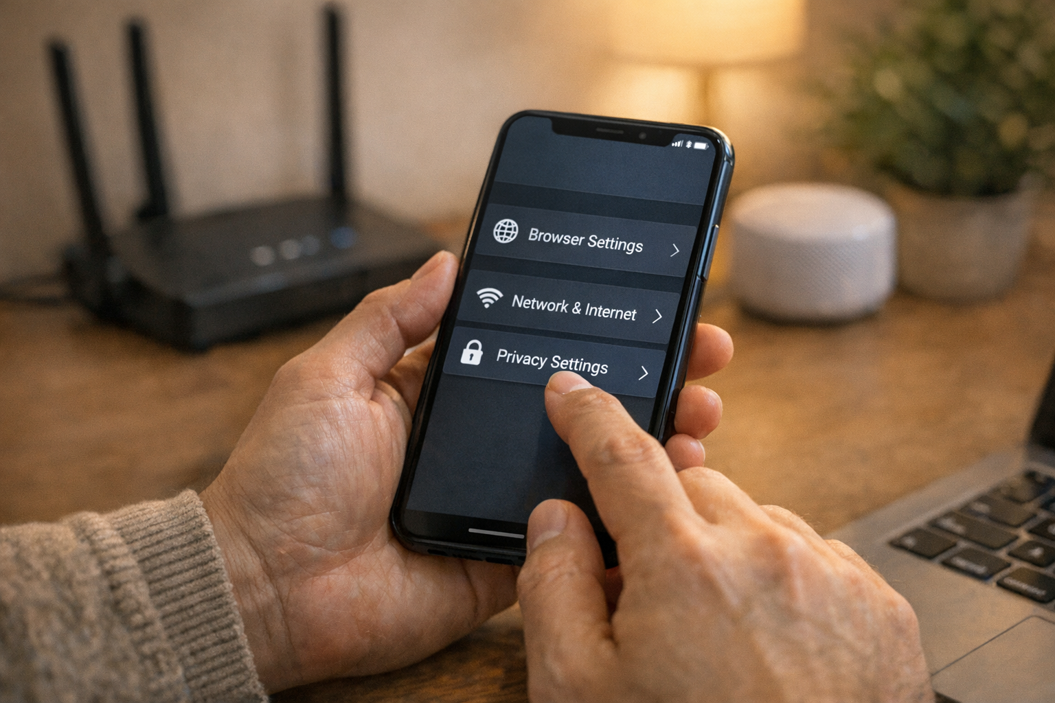 Ev ortamında akıllı telefon kullanan bir kişinin gerçekçi yakın plan görüntüsü; ...