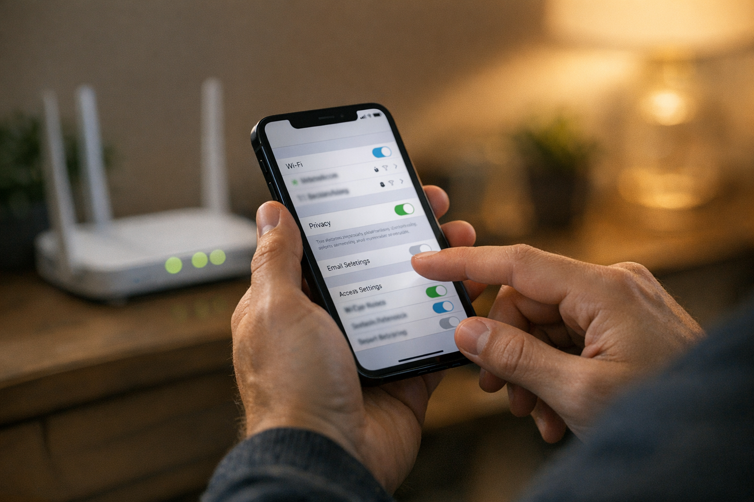 لقطة واقعية مقرّبة لشخص يستخدم هاتفًا ذكيًا في المنزل أثناء التنقل بين المتصفح و...