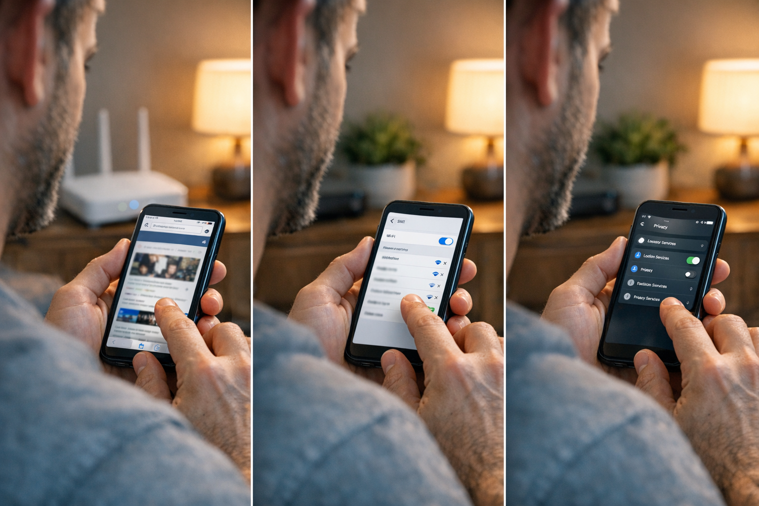 תקריב ריאליסטי של אדם המשתמש בסמארטפון בבית תוך מעבר בין דפדפן, הגדרות רשת והגדר...