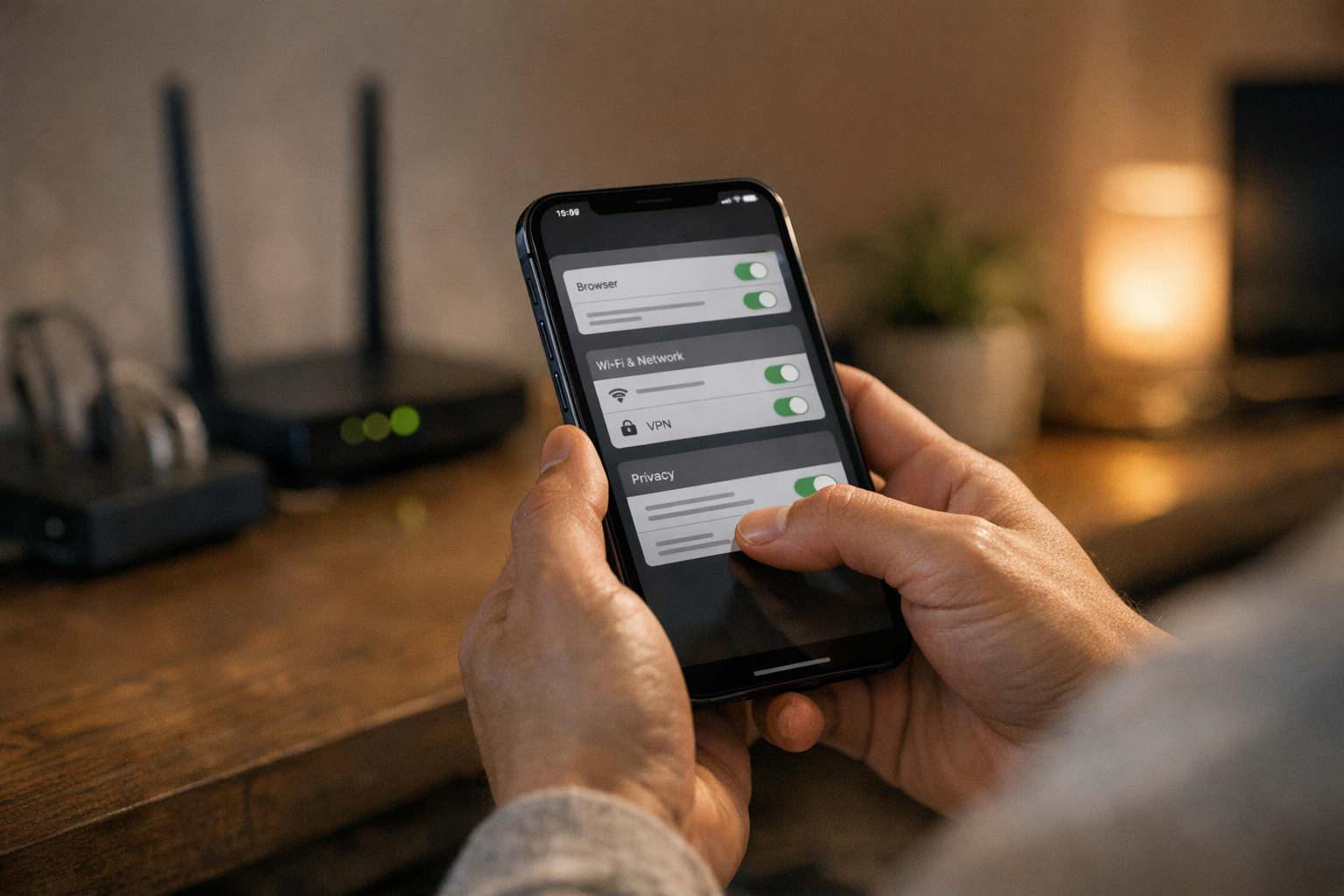 自宅で人物がスマートフォンを使い、ブラウザ・ネットワーク・プライバシー設定を切り替えている様子のリアルなクローズアップ。背景にはさりげなくWi‑Fiルーターと家...