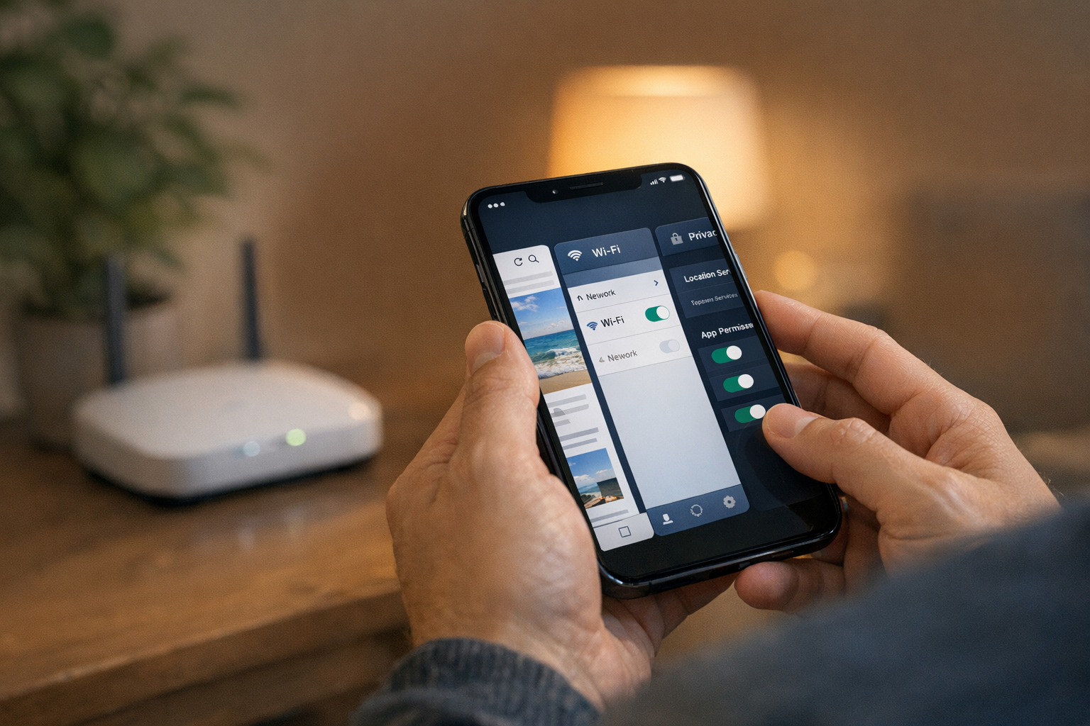 Close realista de uma pessoa usando um smartphone em casa enquanto alterna entre...