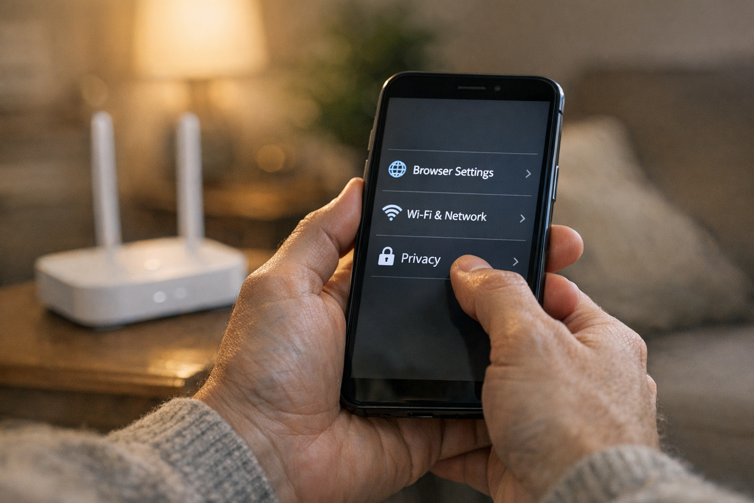 En realistisk närbild av en person som använder en smartphone hemma medan hen vä...