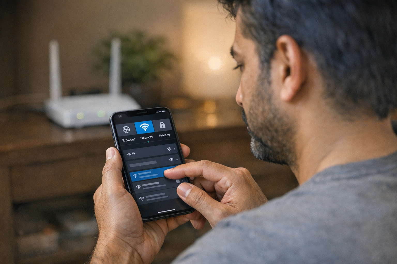 घर के माहौल में स्मार्टफोन इस्तेमाल करते व्यक्ति का यथार्थवादी क्लोज़-अप, जो bro...