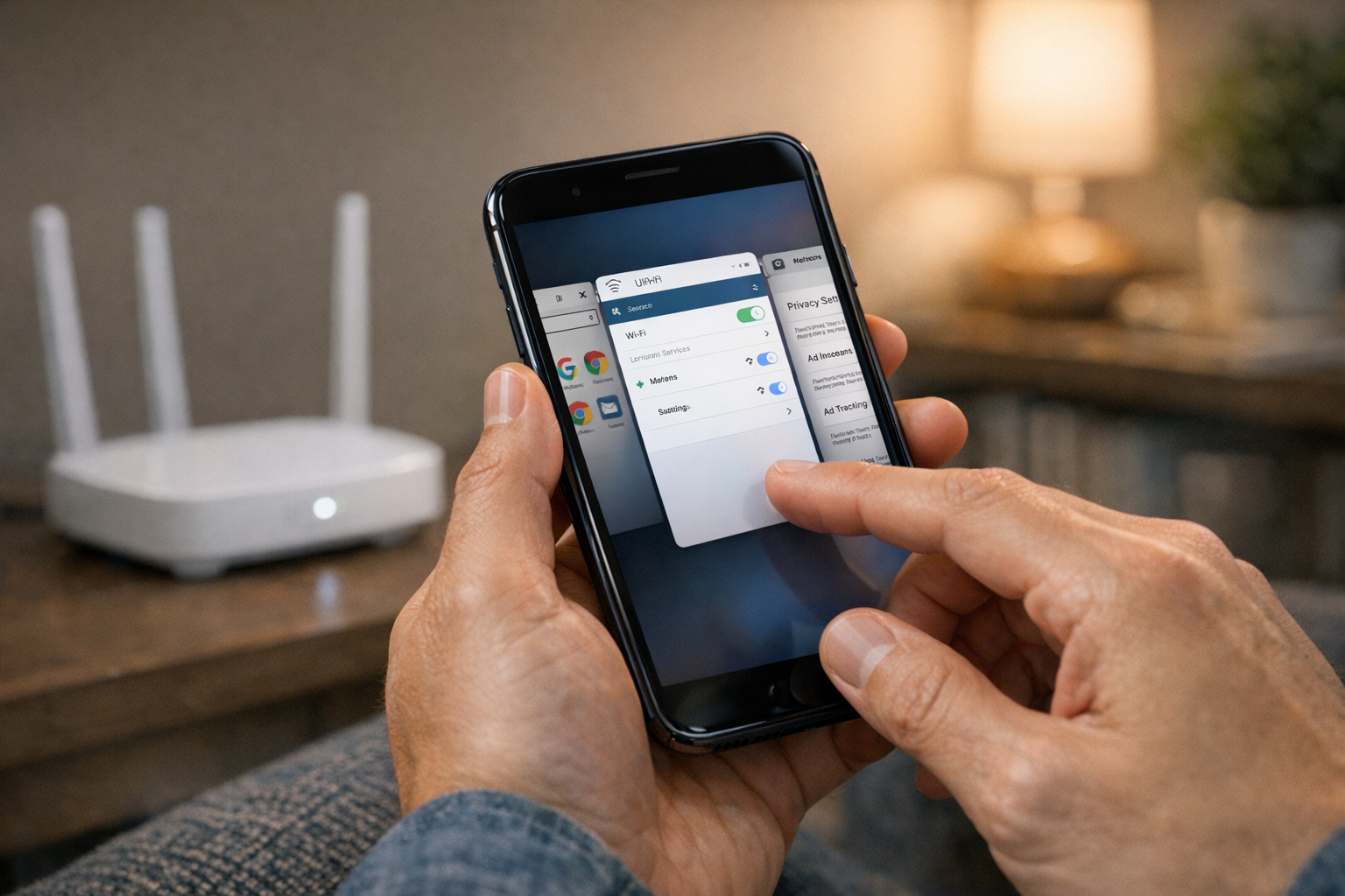 Close-up realistis seseorang menggunakan smartphone di rumah sambil berpindah an...