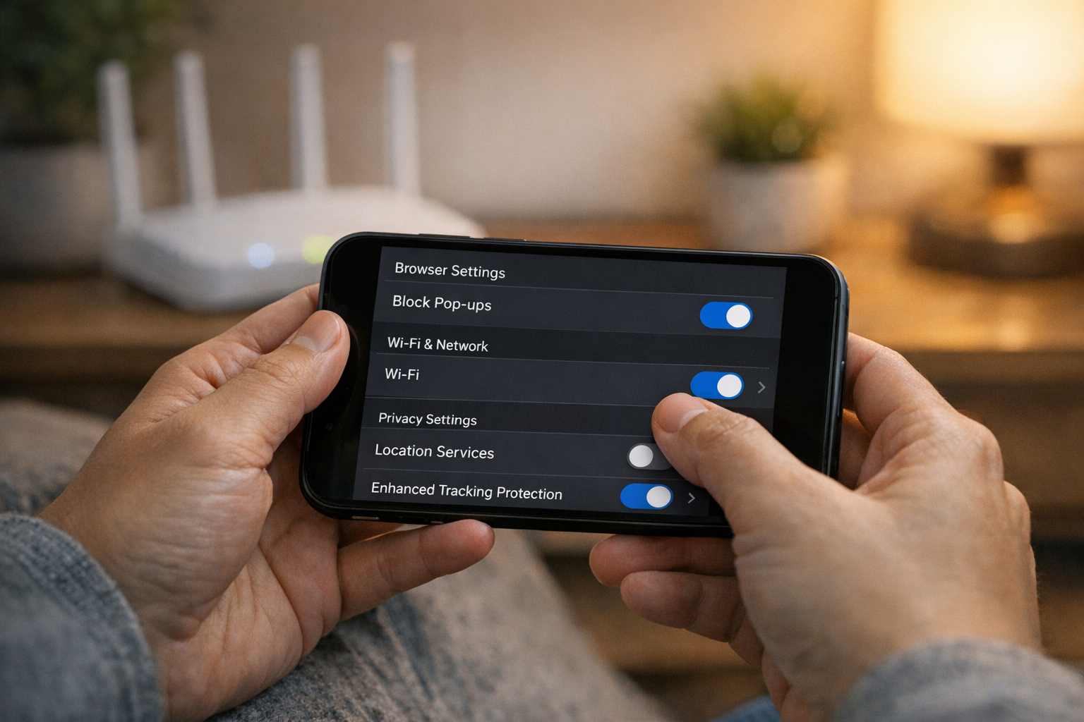 집에서 사용자가 스마트폰으로 브라우저, 네트워크, 개인정보 보호 설정을 전환해보는 모습을 담은 사실적인 클로즈업, 배경에는 은은한 공유기와 홈 ...