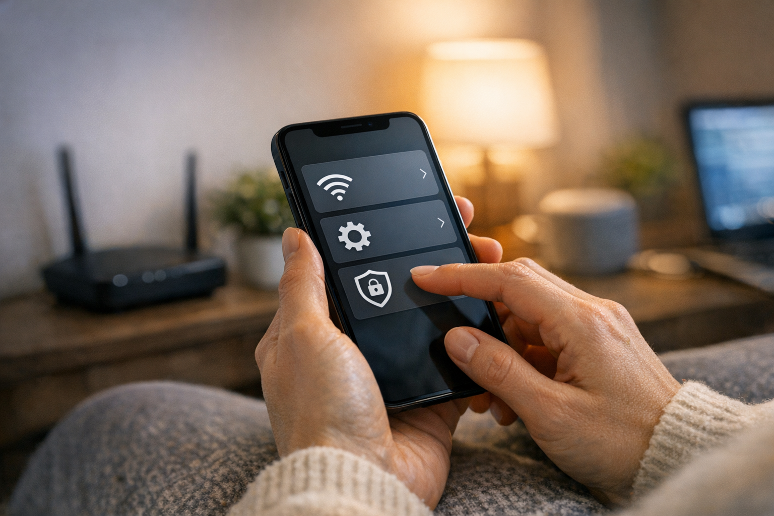 Gros plan réaliste d’une personne utilisant un smartphone chez elle en passant e...