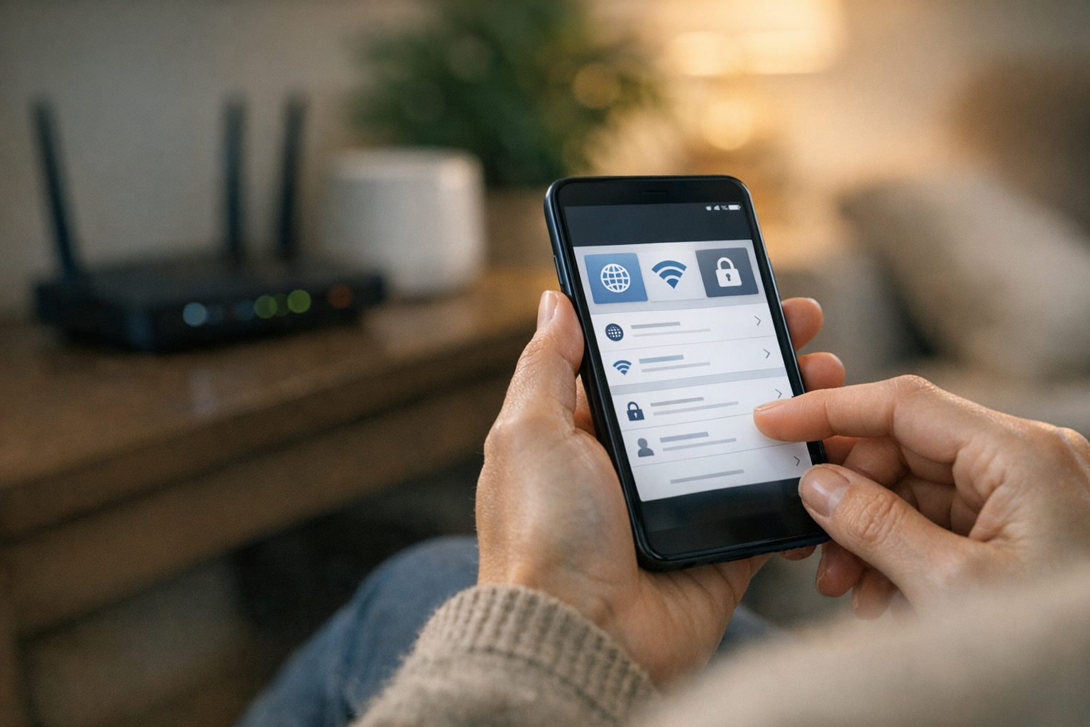 Et realistisk nærbillede af en person, der bruger en smartphone derhjemme, mens ...