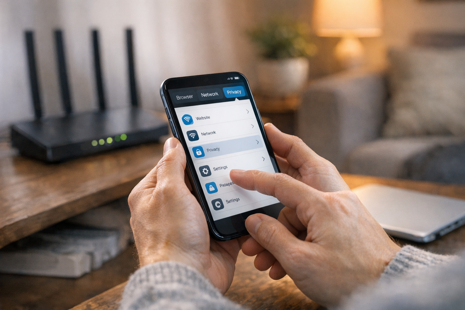 逼真的近景画面：一位用户在家中使用智能手机，在浏览器、网络和隐私设置之间切换，背景中可见路由器与家庭 Wi‑Fi 环境，室内光线柔和，体现日常实用科技场景，无文...