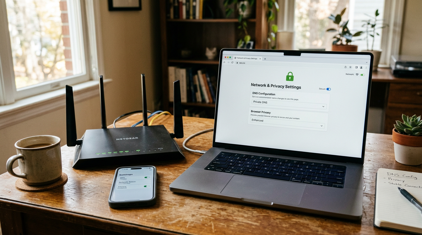 Realistic workspace scene showing a smartphone beside a laptop and router on a h...