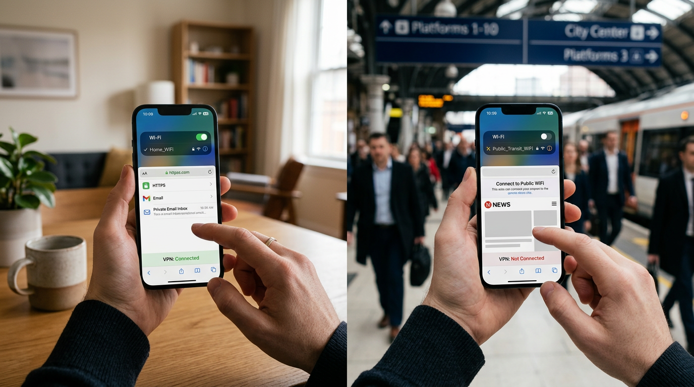 Realistic close-up of an iPhone in hand switching between home wifi and public w...