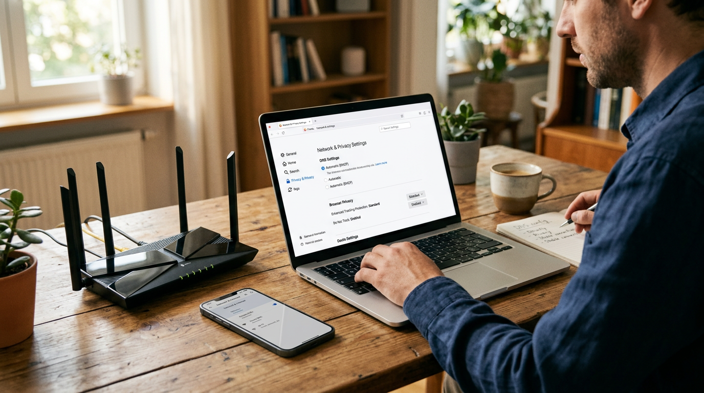 مشهد عمل واقعي يظهر هاتفًا ذكيًا بجوار حاسوب محمول وموجّه إنترنت على مكتب منزلي،...