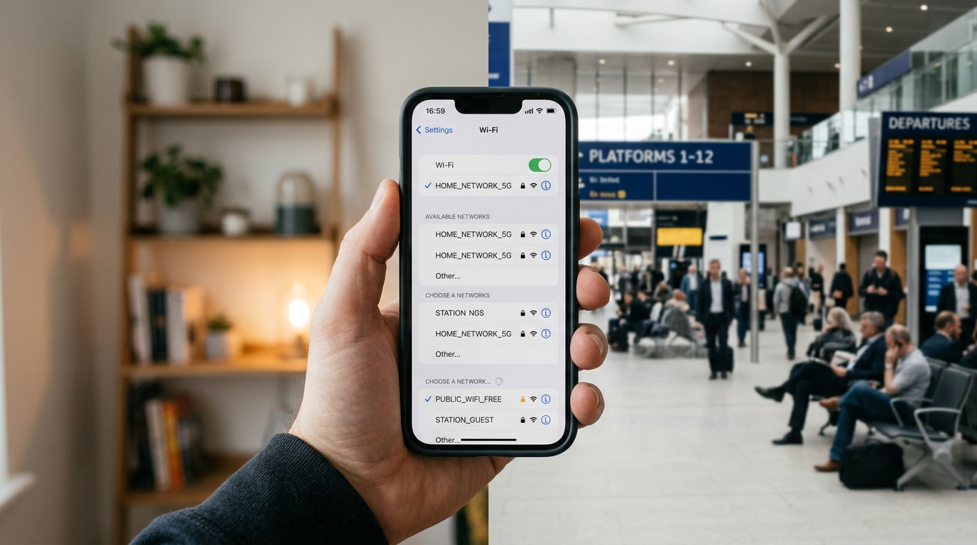 Primer plano realista de un iPhone en la mano cambiando entre un entorno de wifi...