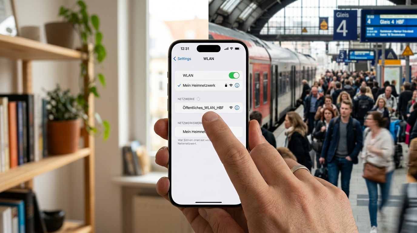 Realistische Nahaufnahme eines iPhones in der Hand beim Wechsel zwischen Heim-WL...