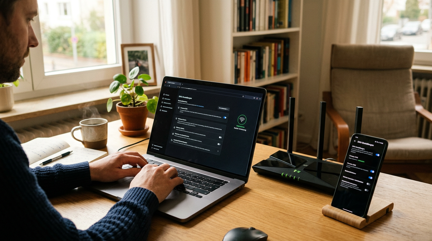 Realistische Arbeitsplatzszene mit einem Smartphone neben Laptop und Router auf ...