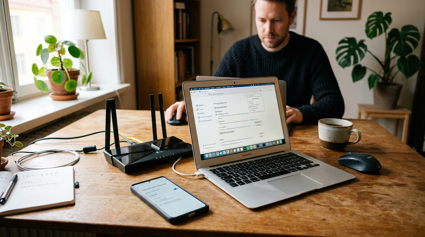 Realistisk arbetsmiljö med en smartphone bredvid en laptop och router på ett skr...