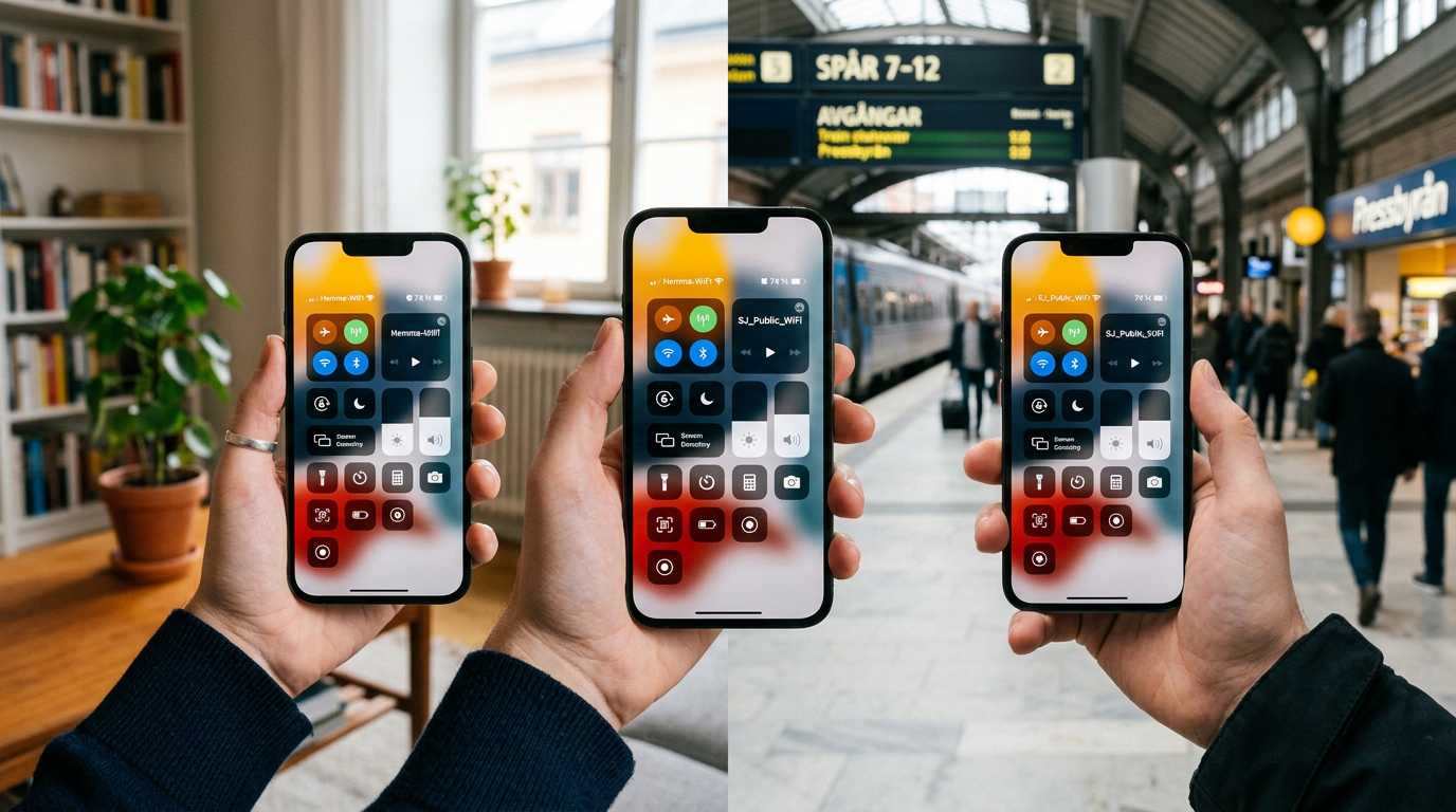 Realistisk närbild av en iPhone i handen som växlar mellan hemma-wifi och offent...