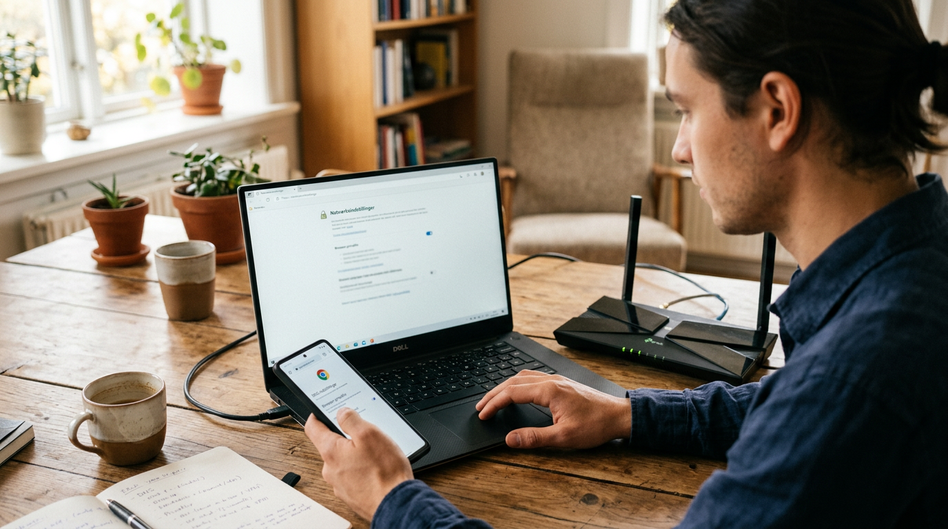 Realistisk arbejdsscene med en smartphone ved siden af en bærbar computer og en ...