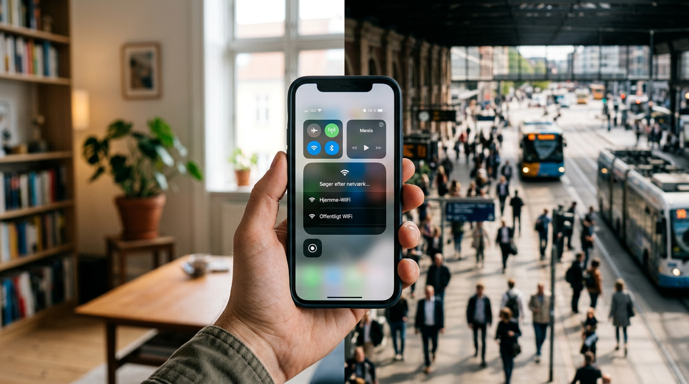 Realistisk nærbillede af en iPhone i hånden, der skifter mellem hjemmewifi og of...