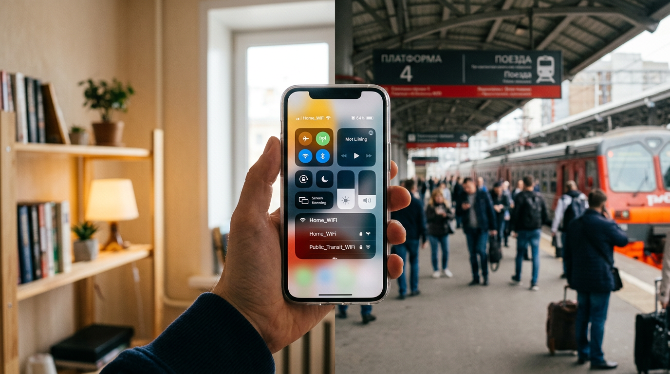Реалистичный крупный план iPhone в руке при переключении между домашним wifi и о...