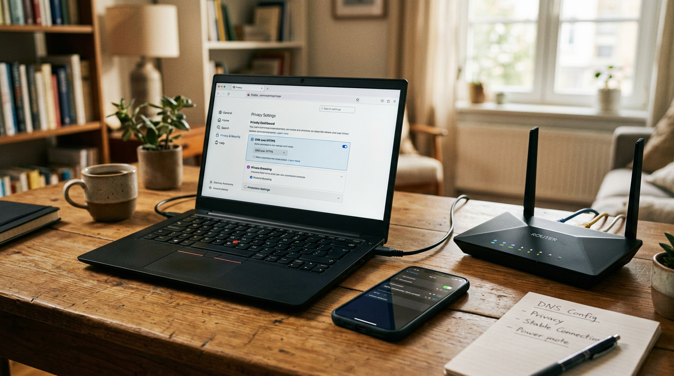 Реалистичная сцена домашнего рабочего места: смартфон рядом с ноутбуком и роутер...