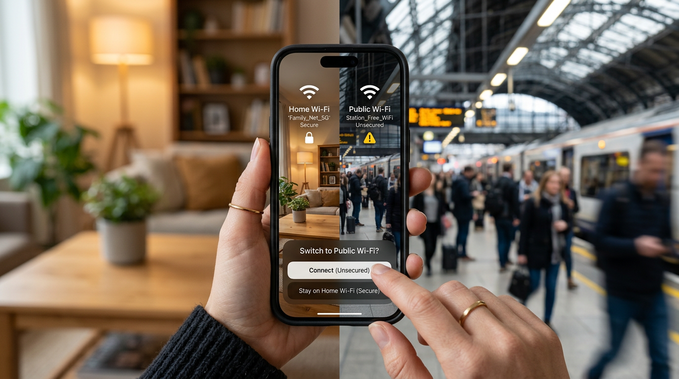 Valósághű közeli kép egy kézben tartott iPhone-ról, amely otthoni wifi és nyilvá...