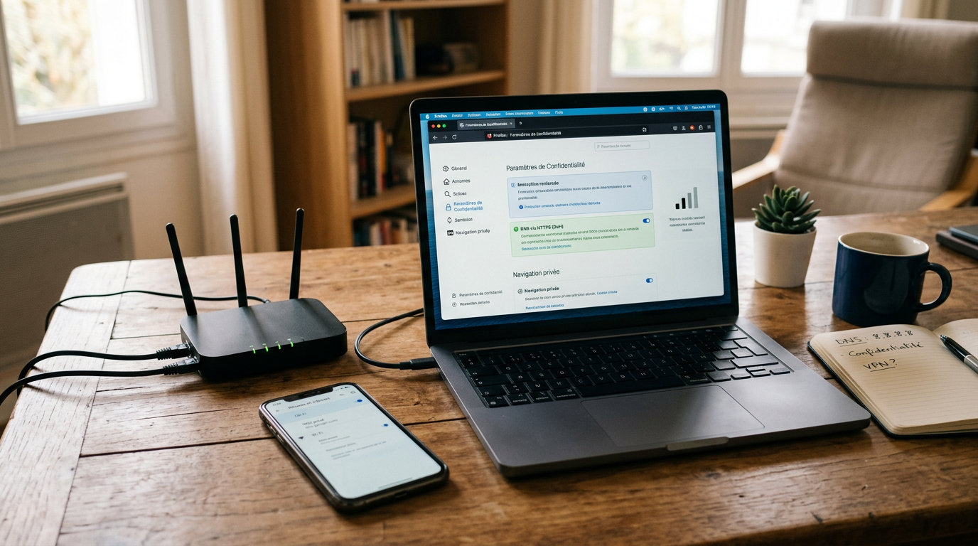 Scène réaliste d’un espace de travail montrant un smartphone à côté d’un ordinat...