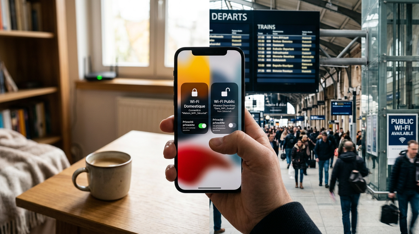 Gros plan réaliste d’un iPhone tenu en main, passant entre un environnement de w...