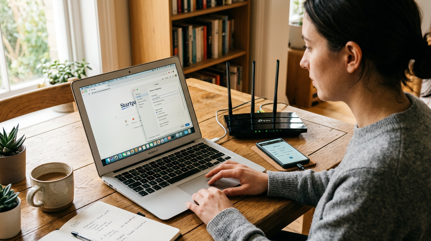 Evdeki çalışma masasında dizüstü bilgisayar ve router yanında duran bir akıllı t...