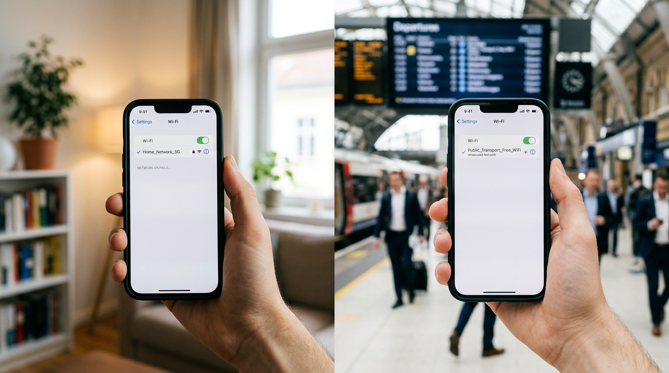 Elde tutulan bir iPhone'un ev wifi ile kamusal kablosuz internet ortamları arası...