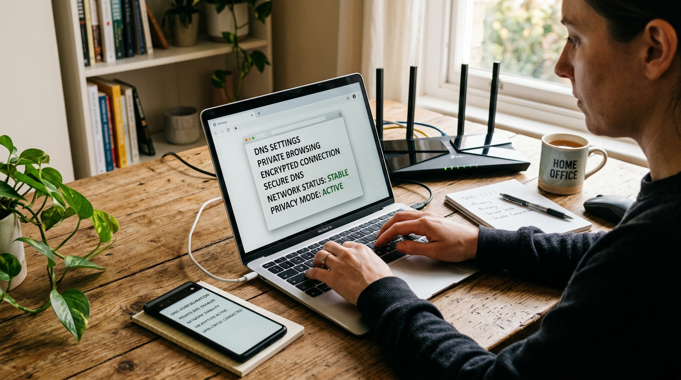 סצנת עבודה ריאליסטית עם סמארטפון לצד מחשב נייד וראוטר על שולחן ביתי, נושא חזותי ...