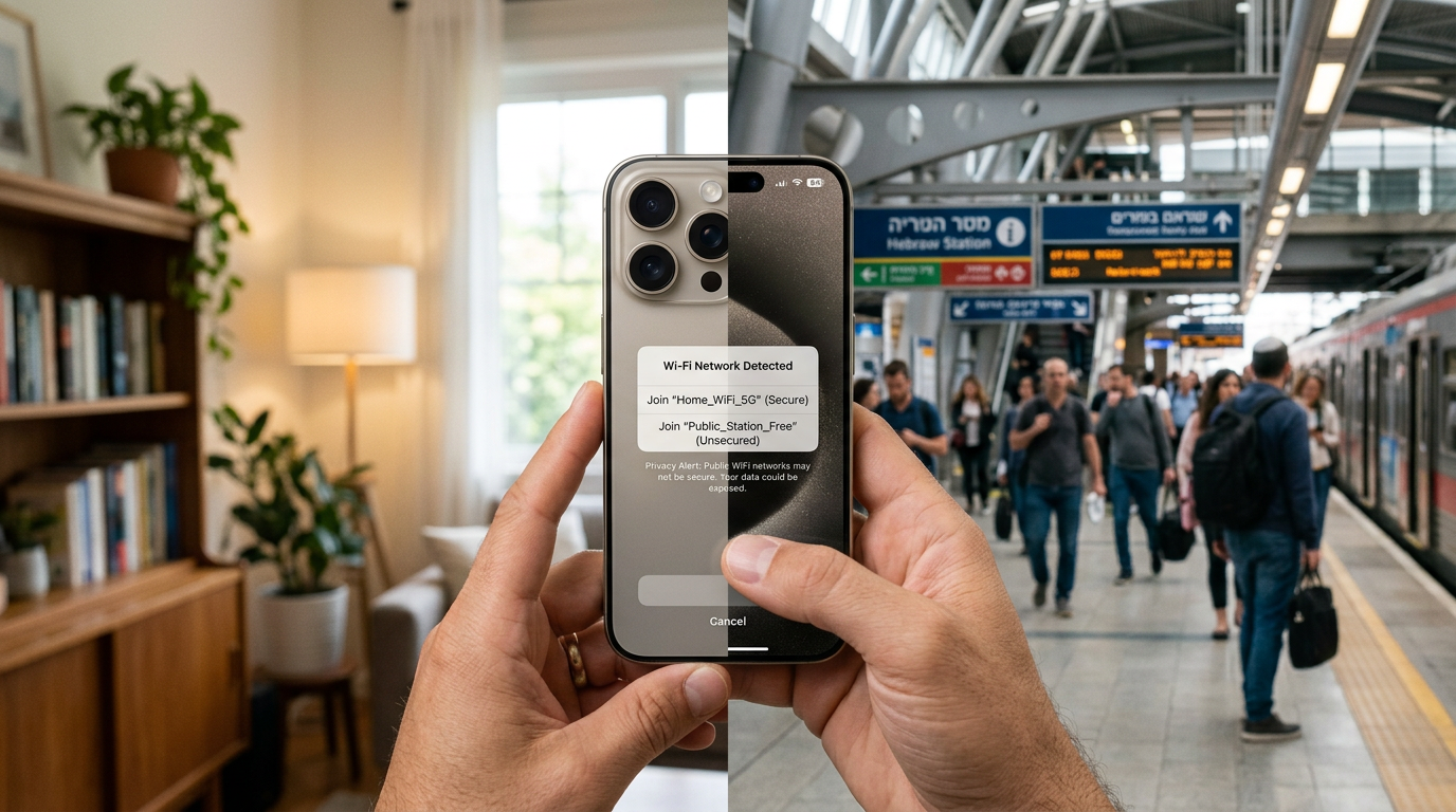 תקריב ריאליסטי של אייפון ביד במעבר בין סביבת wifi ביתי לאינטרנט אלחוטי ציבורי, ק...