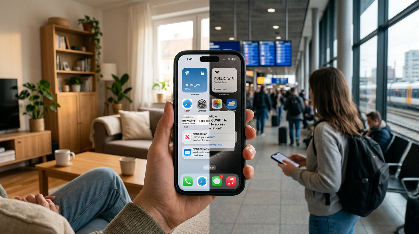Close realista de um iPhone na mão alternando entre ambientes de wifi doméstico ...